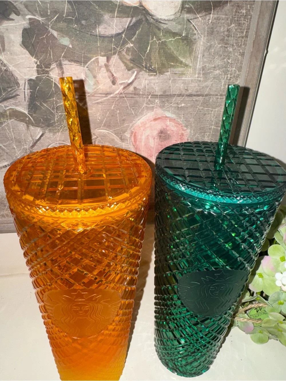 Starbucks Summer 2022 Mango Ombre & Emerald Green Jeweled Tumbler Cold Cup 24oz